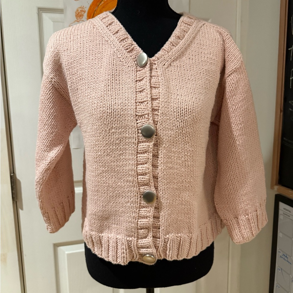 Vintage Pure Handknit Blush Pink Button-Up 100% Cotton Cardigan Size Women’s S-M